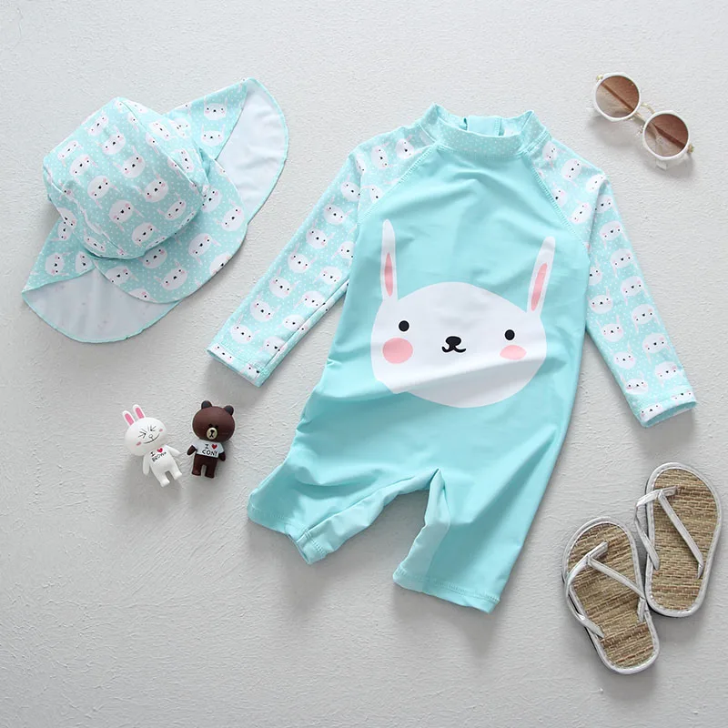 

New Blue Swimsuit Long Sleeves One Piece Suit Cartoon Rabbits Swimming Suits Brand Beach Wear for Girl Children Swimwear girls