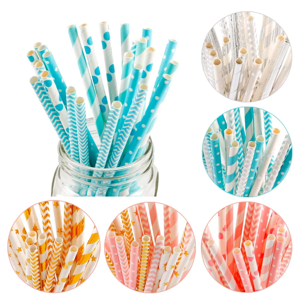 

QIFU 25pcs Disposable Tableware Drinking Straw Paper Straws For Kids Birthday Party Wedding Decoration Party Chevron Drinking