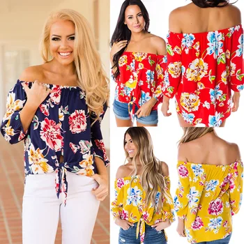 

2019 Summer Sexy Printed Strapless Halter Lace Up Top T-Shirt