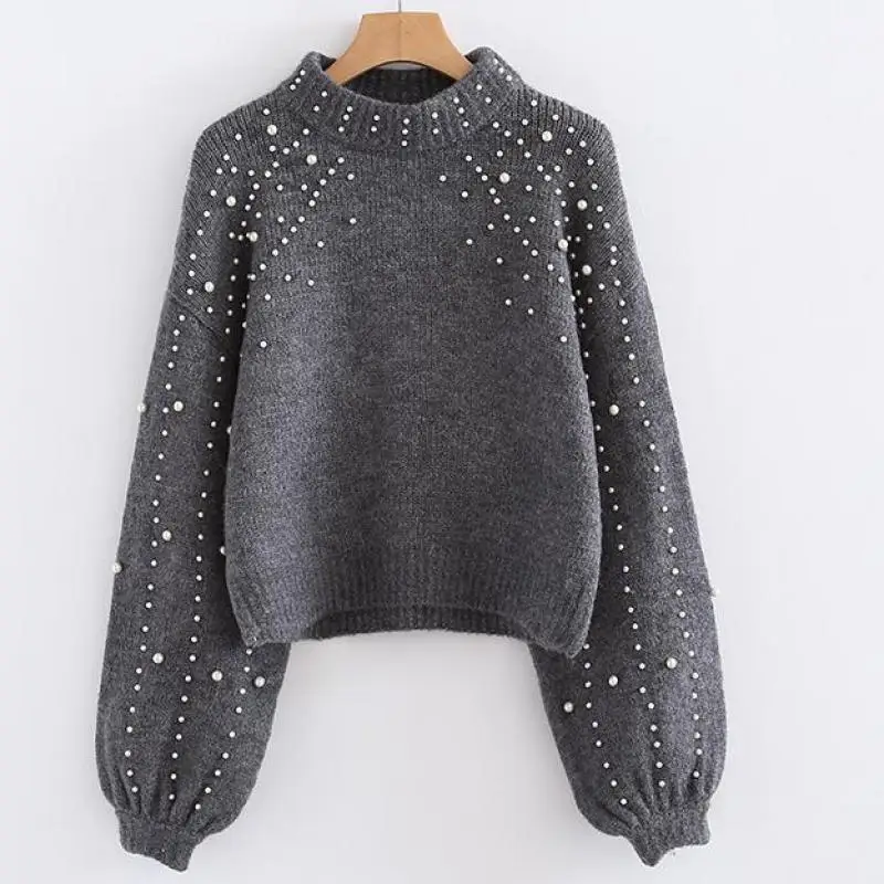 

Fashion Knit Sweater Women 2018 Autumn And Winter New Round Neck Loose Sweater Female Short Pearl Decorative Knit Sweater Unif