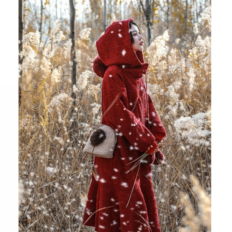 

IRINAY303 2018 Autumn Winter Collection dark red long hooded dress vintage