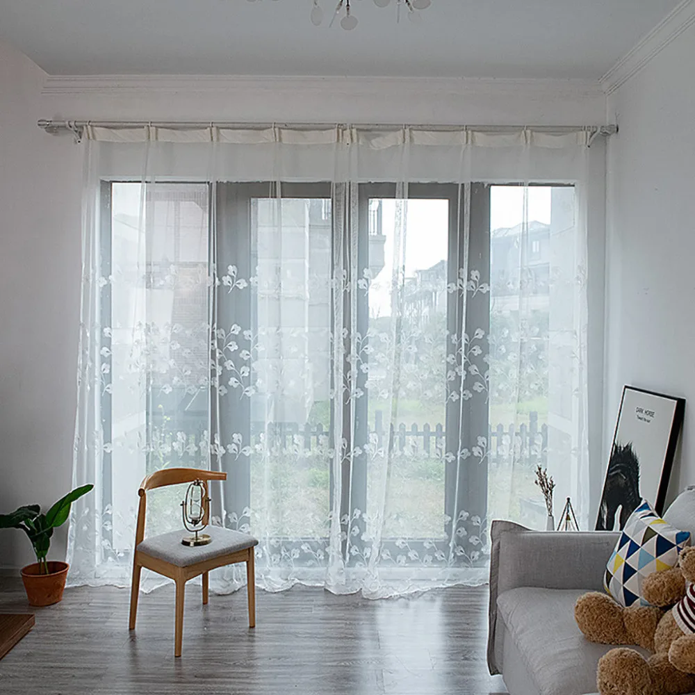 

Leaves Sheer Curtain Tulle Window Treatment Voile Drape Valance 1 Panel Fabric Leaves Embroidered Living Room Curtains decor LD