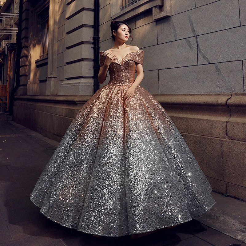 

Gradient Color Evening Dresses Abendkleider Dubai Design Bling Off Shoulder Ball Gown Long Prom Gown Robe De Soiree Party 2019