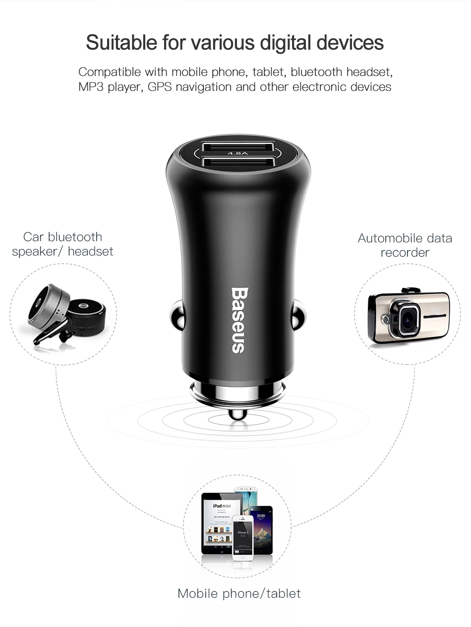 Автомобильное зарядное устройство Baseus Dual USB Автомобильное зарядное устройство Автомобильное-Стайлинг USB зарядное устройство для мобильного телефона быстрое автомобильное зарядное устройство для телефона Xiaomi Roidmi 3s