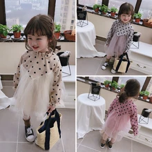 Одежда для детей весна-осень г., Новое Стильное трикотажное платье с длинными рукавами, милое кружевное платье в горошек для девочек
