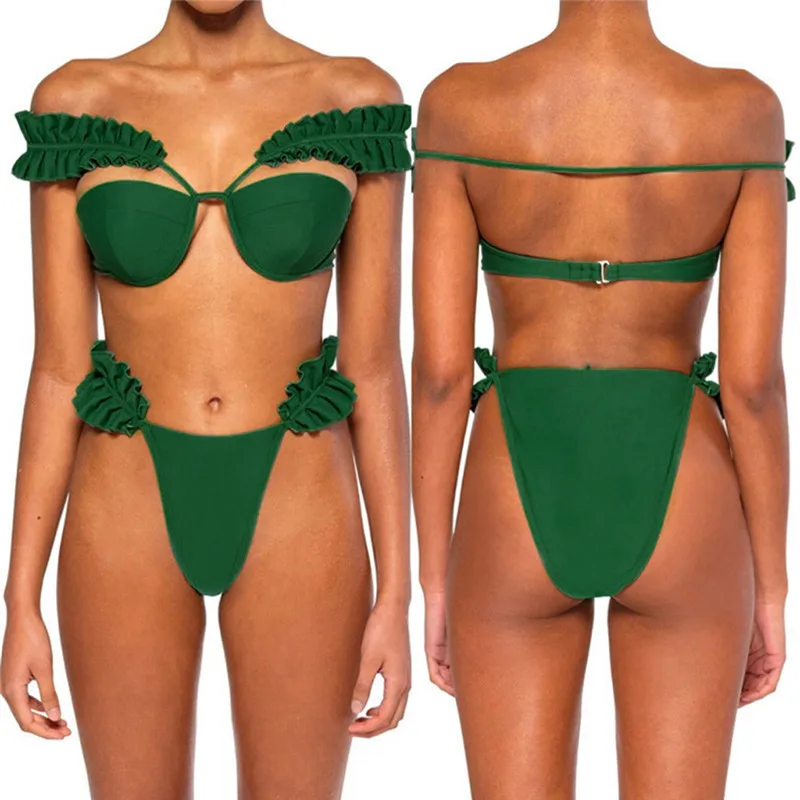 

Women's Solid Set Green Condole belt Swim Pushups Filled Bra Swimwear Beachwear Bodysuits Bathing Suits Lady