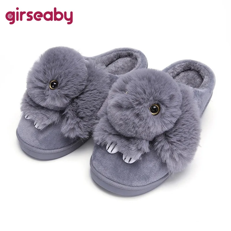 

Girseaby Women High Quality Home Slippers Cute Rabbit Animal Flat Prints Solid Winter Plush Shoes Slippers anti slip Size 36-43