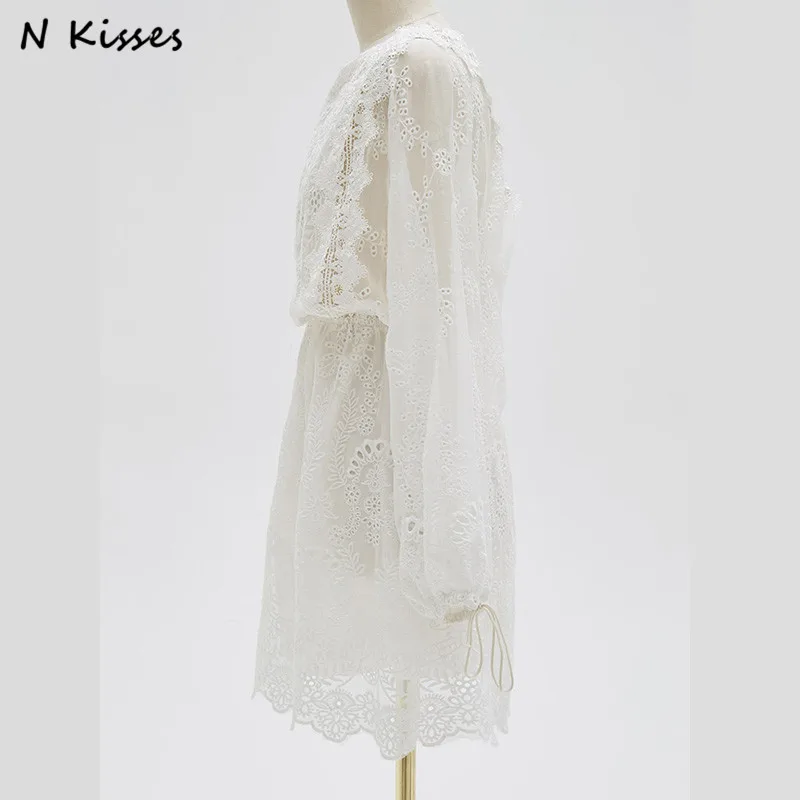 Spring Long Sleeve White Embroidery Lace Mini Dress Backless Cute Mini Lace Short Women Dress