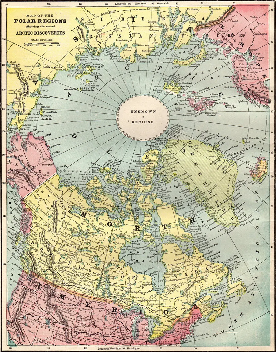 1891 Antique North Pole Map of the Arctic POLAR Reg
