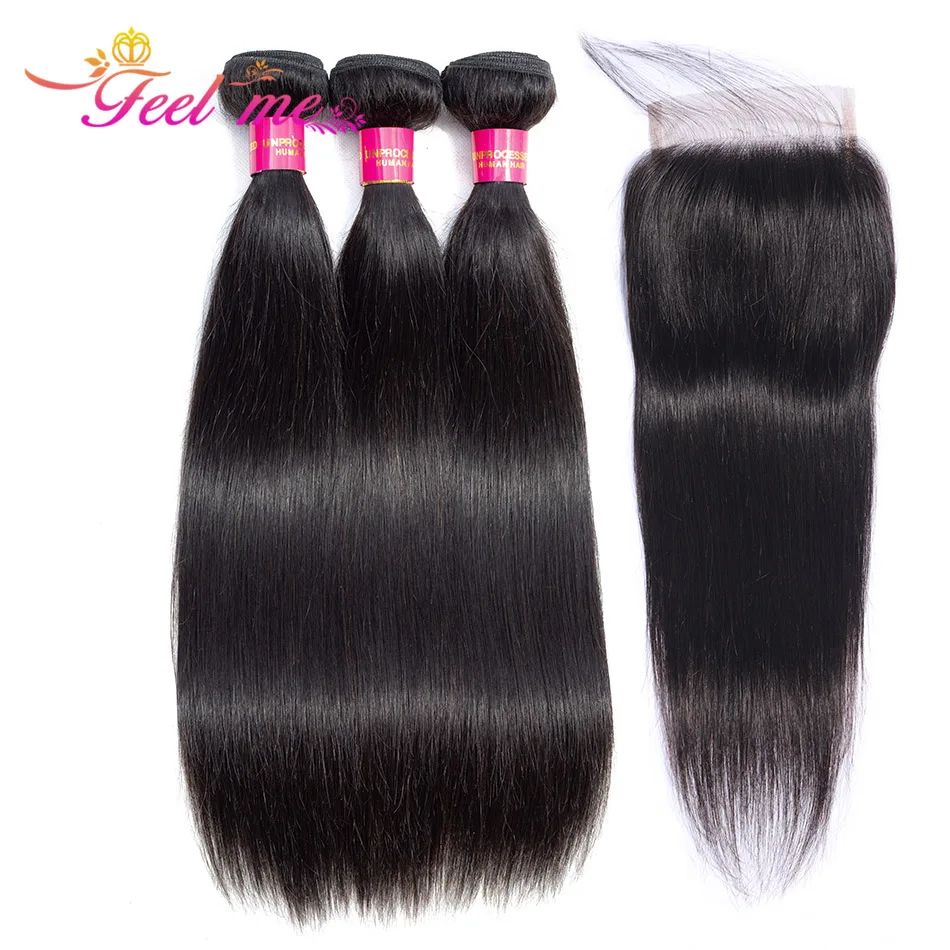 

FEEL ME Straight Hair Bundles With Closure Malaysian Hair Bundles With Closure Remy Human Hair Weave 3 Bundles With Closure