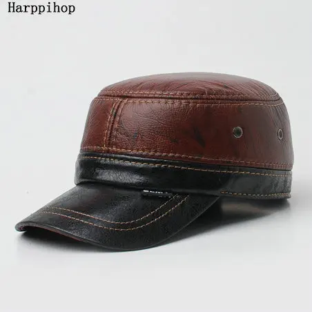 

HARPPIHOP FUR Genuine leather male hat winter casual cowhide military hat quinquagenarian ear thermal hat for man cotton cap