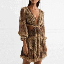 Autumn New Arrival Deep V-neck Long Sleeve Women Mini-dress Vintage Flower Print Backless Sexy Female Fall Slim Dress