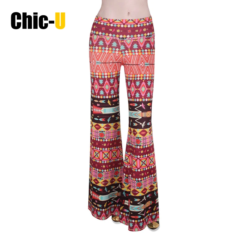 Chic U wide leg pants women plus size red striped geometric elastic