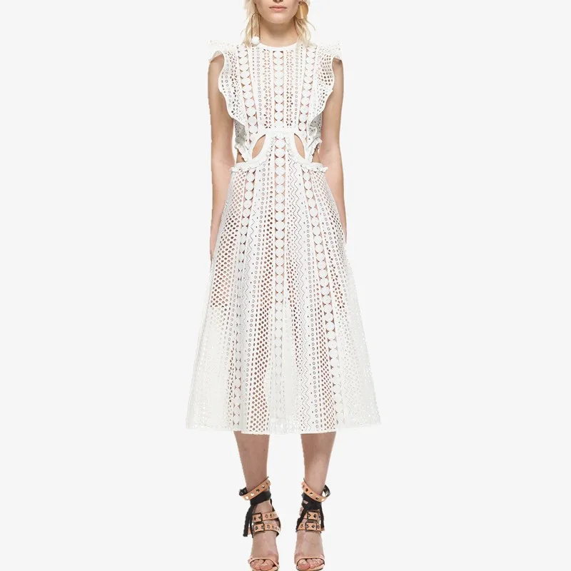 

2019 Runway zomerjurken dame self portrait dresses Lace long party hollow out ruffle sleeveless A line dress vestidos brancos