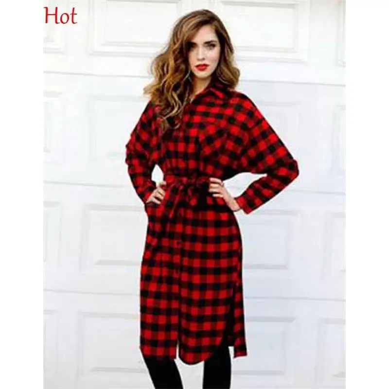 

Plus Women Plaid Dress Lady Long Sleeve Midi Dresses Check Tunic Casual Blouse Knee Length Street Shirt Dress with Belt SV029667