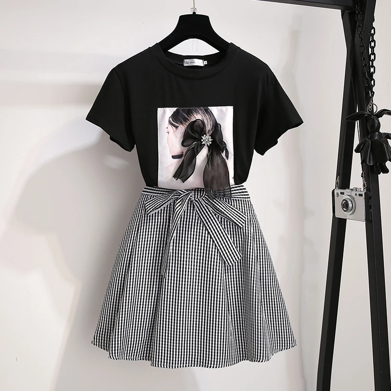 2019 Модный летний комплект из двух предметов, женские футболки с бантом + мини-юбки в клетку, комплект из 2 предметов с юбкой, комплекты из 2