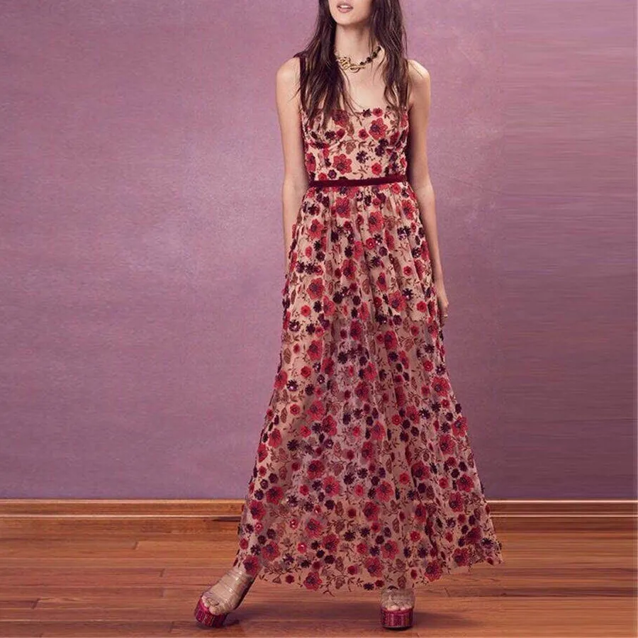 

Floral 3-D Embroidery Maxi Women Love BBeatrice In Red Sequin Flowers Dress with Spaghetti Straps Underwire Cups Sequined Dress