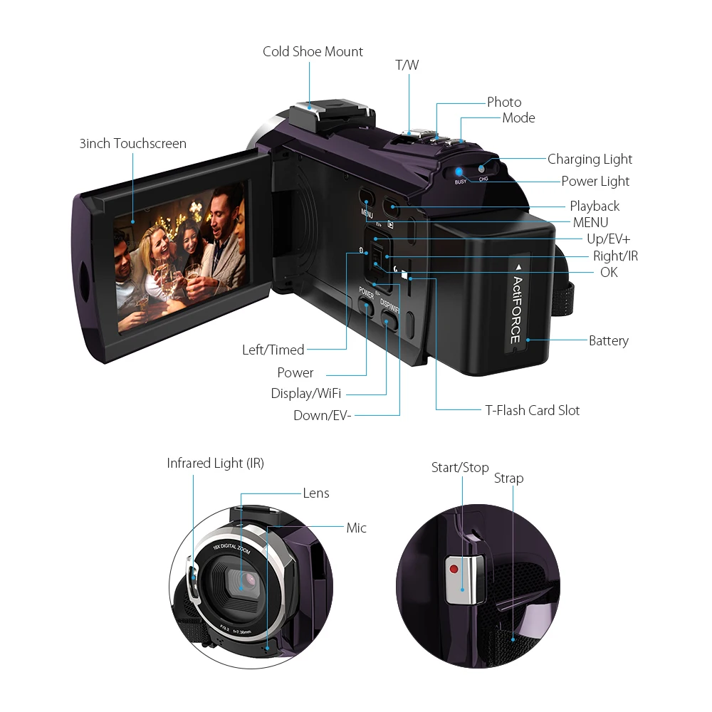 Цифровая видеокамера Andoer 4K 1080P 48 МП Wi Fi записывающая с широкоугольным