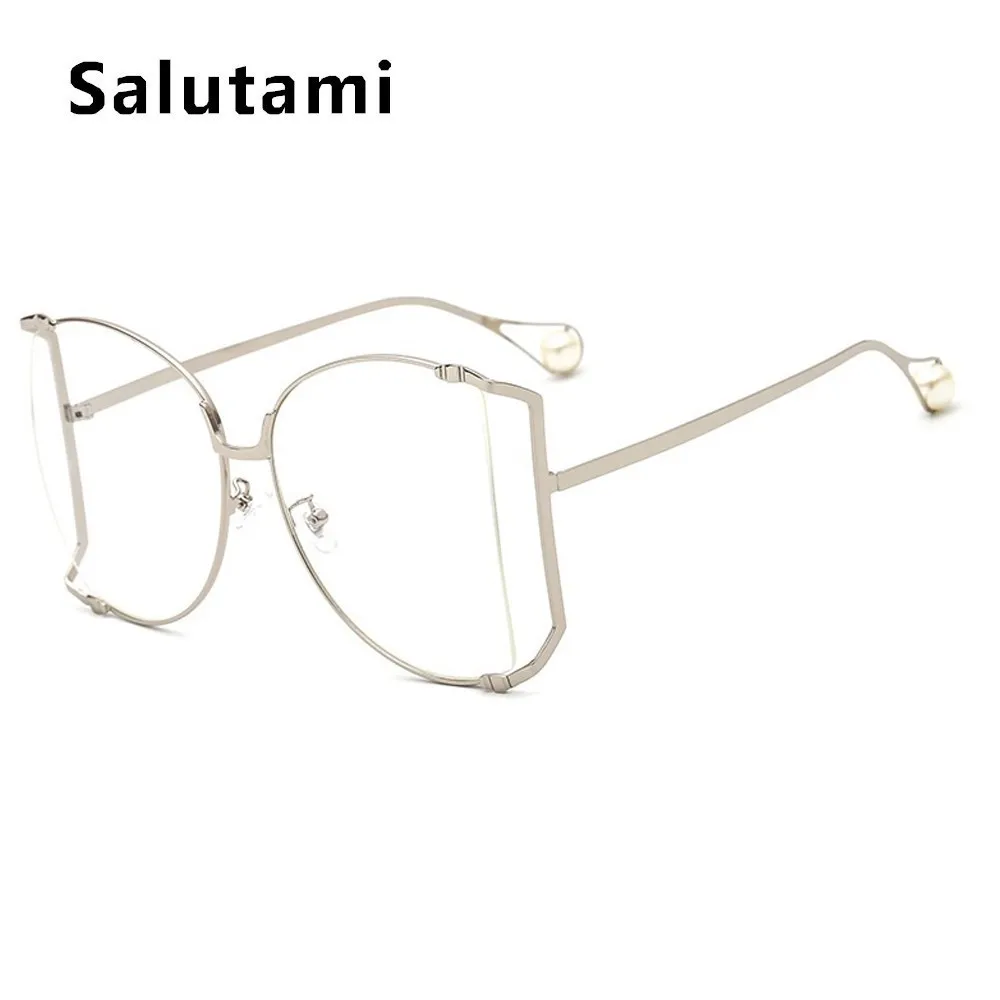 Белые Перламутровые полые Солнцезащитные очки для женщин, сплав, большие солнцезащитные очки «кошачий глаз», женские золотые прозрачные очки, большие тени Oculos - Цвет линз: sivler clear