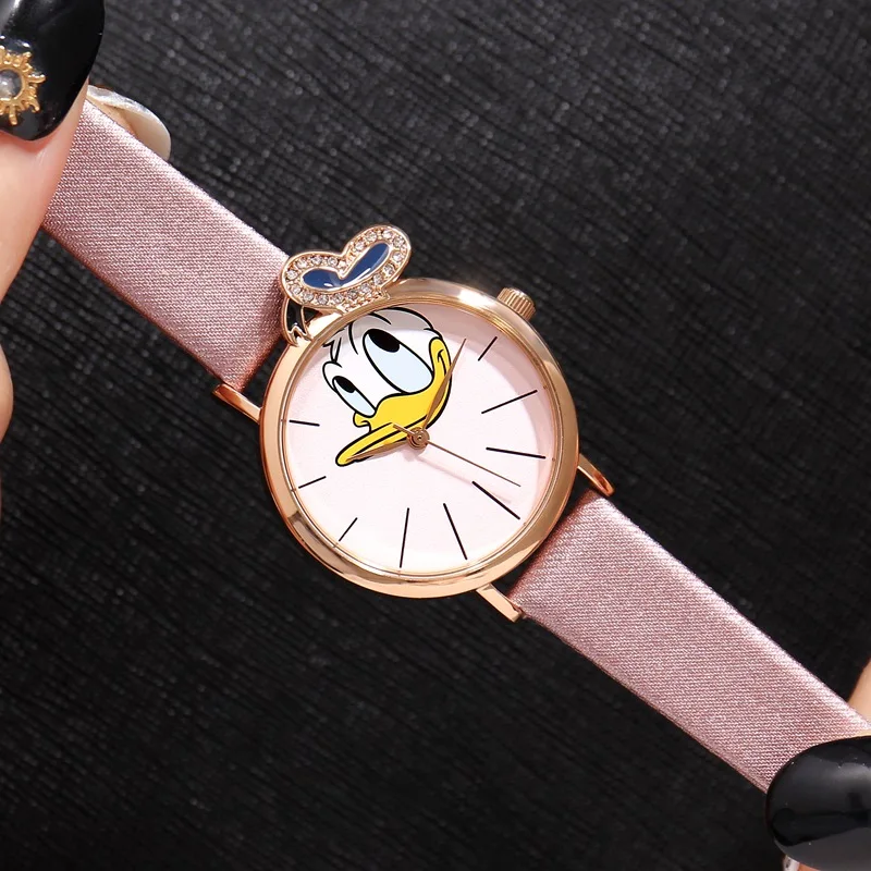 Disney Donald Duck Girl Crystal Quartz Waterproof Watch Student Leather Watches For Children With Gift Box Cartoon Kid Clock New