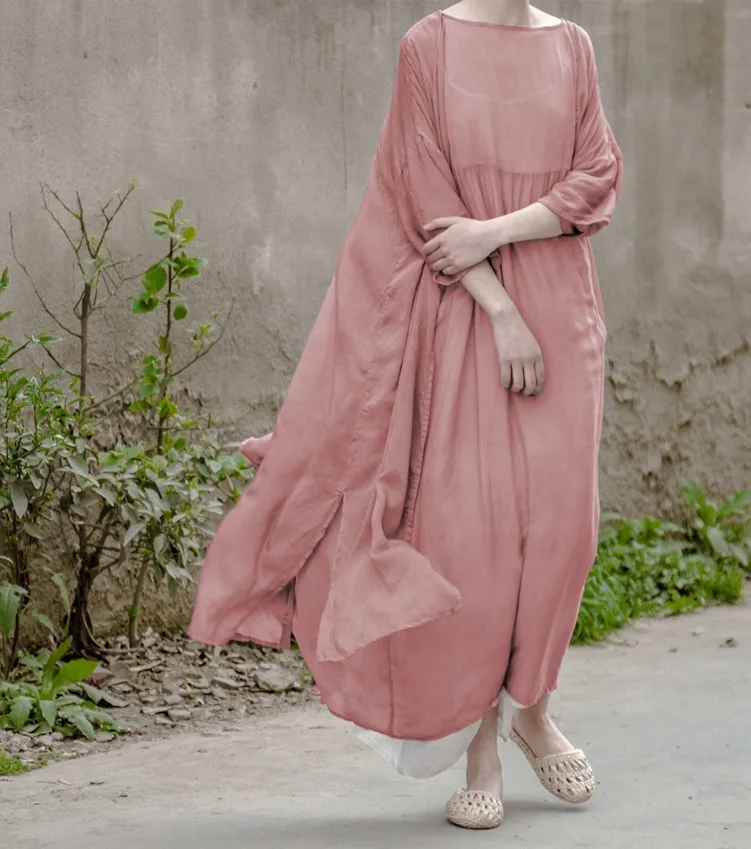 

Summer Women's Loose Ultra-soft Comfortable Long Maxi Silk Dress Vintage Solid Color Silk Dresses Robe Gown Vestidos Tunique