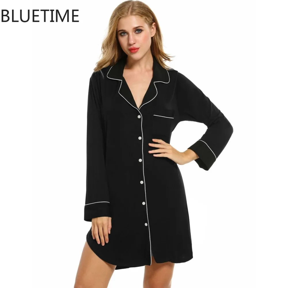 Women Cotton Night Shirt Mini Dress Nightdress Long Sleeve Sleepshirt Chemise Button Sexy
