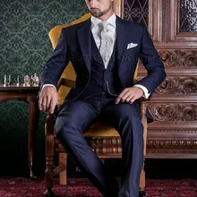Классический стиль, две пуговицы темно-синего цвета, смокинги друзей жениха, мужские свадебные костюмы для выпускного вечера, Жених(куртка+ брюки+ жилет+ галстук) K: 1152