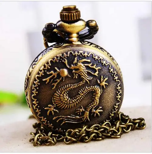 Новый Бронзовый антиквариат Современные часы кварцевые рисунком дракона подвеска Цепочки и ожерелья карманные часы подарок