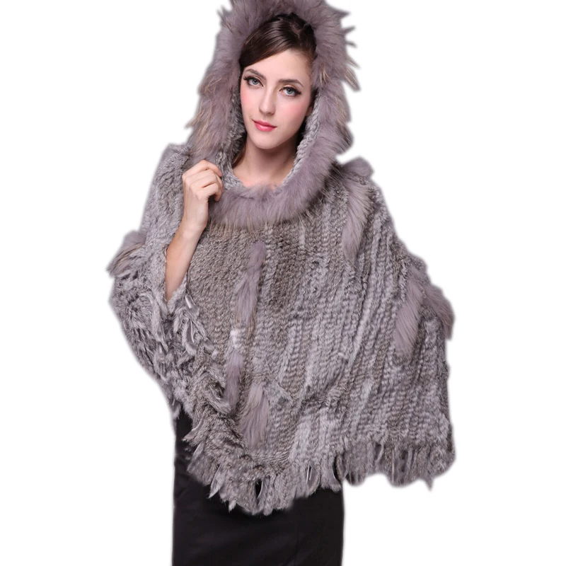 Real Knitted Rabbit Fur Raccoon Trim Poncho Stole Cape Vest 