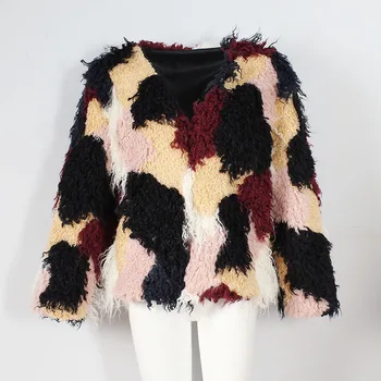 

T0829 Europe and America New Fashion personality Color pattern Faux Fur jacket Autumn &Winter Women Short Coat
