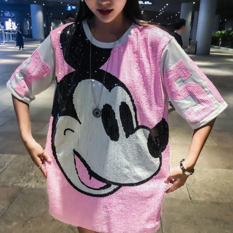 

2019 Fashion Sequined T-shirt Hip Hop Bling Mickey Mouse Tees Half Sleeve Long T-shirts Women Street Tops Club Party Clothes