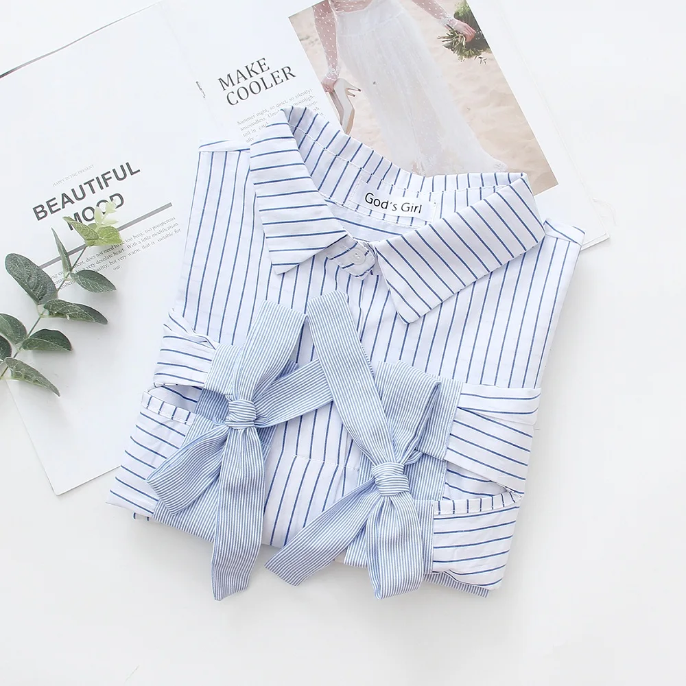 

2019 NEW Striped Shirt Office Lady Wear Button Up Long Sleeve Bow Turn Down Collar Pockets Blouse AutumnFeminina HOT SaleT8D521M