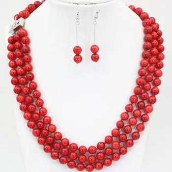 

New 7mm natural red coral round beads 3 rows necklace dangle earrings jewelry set for women weddings party gifts 17-19" B3455