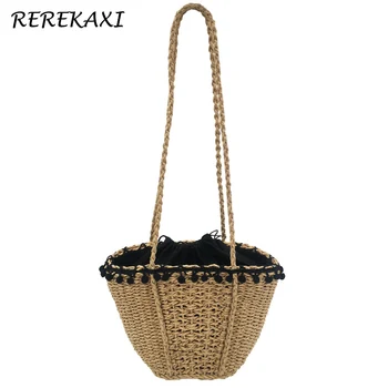 

Handmade Women Shoulder Bag Summer Straw Beach Bags Woven Tassel Female Handbag Bohemian Drawstring Crossbody Bag Tote Basket
