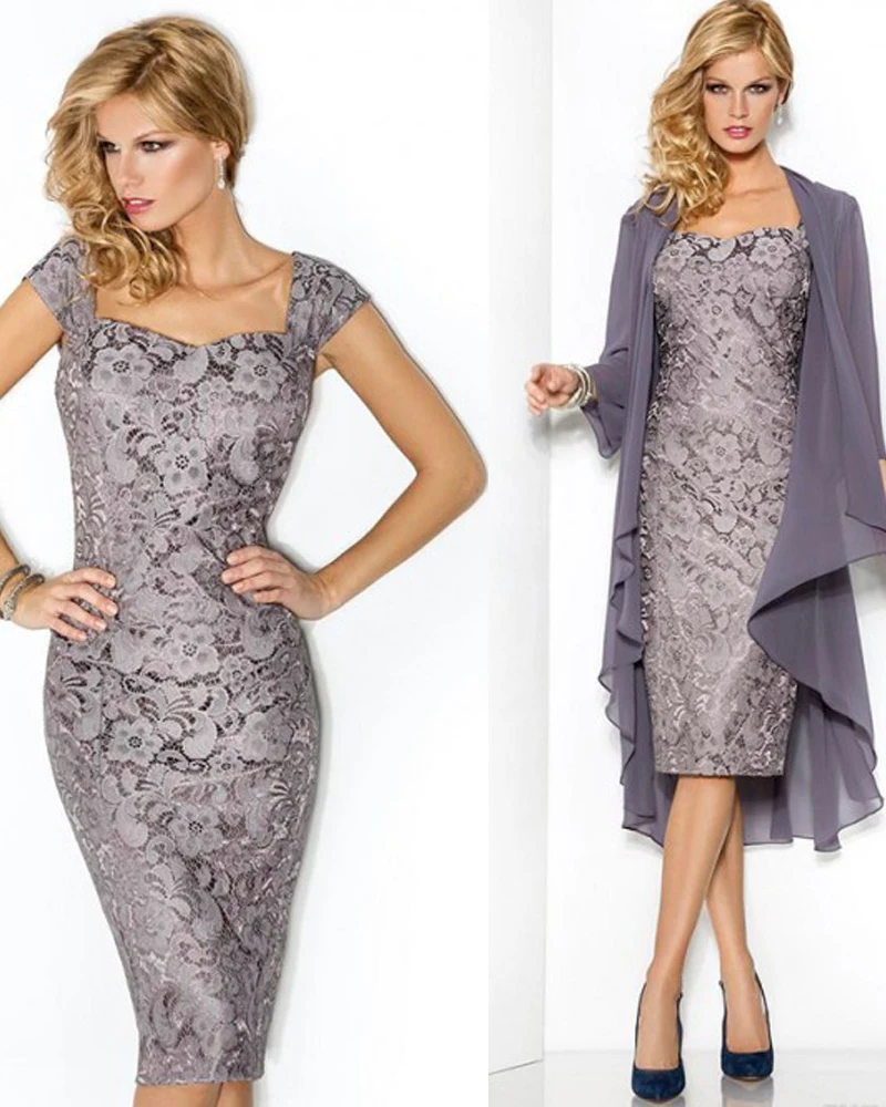 Silver plus size mother of the bride dresses with free jacket knee