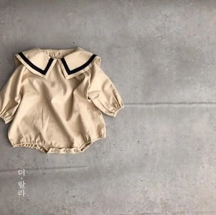 

2019 Navy Collar Long Sleeves Kids Romper Baby Girls Boys Sailor Suit Linen Cotton Khaki Romper Fall Clothes Jumpsuit Bebes