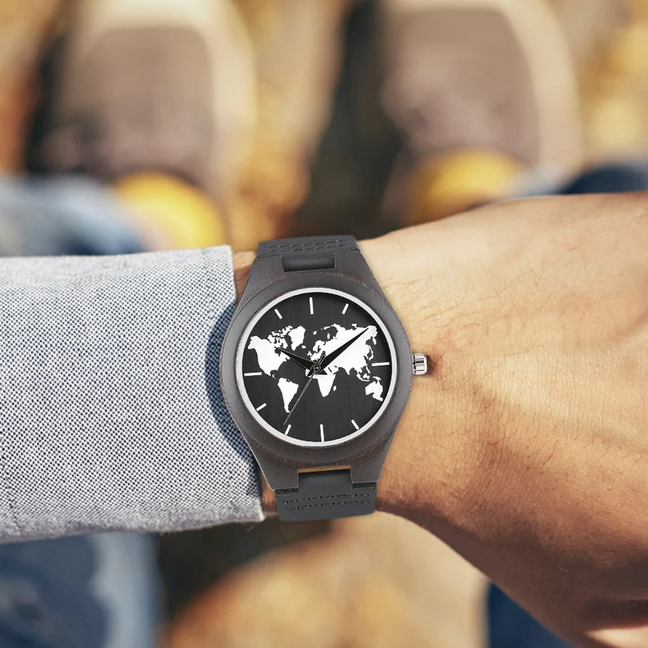 2017 Fashion Nature Ebony Wood Watch Mens World Map Handmade Black Quartz Wristwatch Minimalist Classic Bamboo erkek kol saati (15)