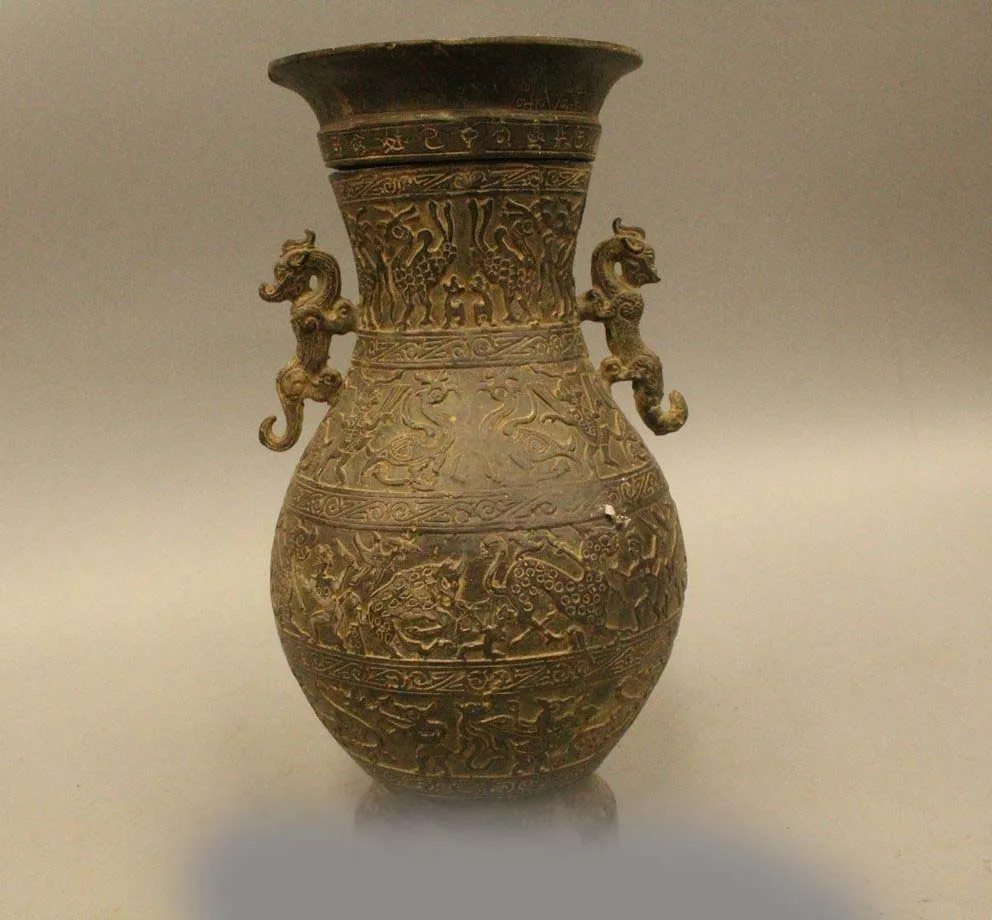 

12" Ancient Chinese Dynasty Palace Bronze Beast Dragon Pot Zun Bottle Vase Statu