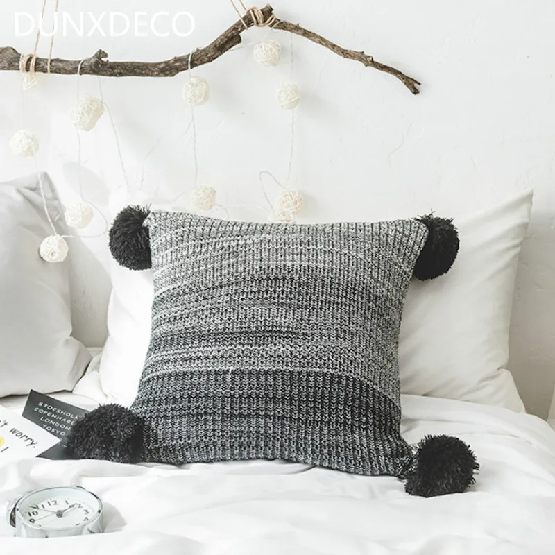 

DUNXDECO Cushion Cover Decorative Pillow Case Nordic Gray Pink Gradient Color Knitting Cute Balls Throw Room Sofa Chair Deco
