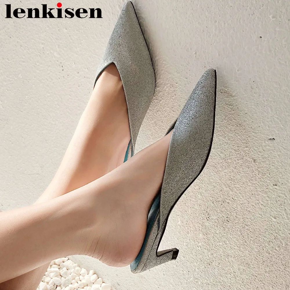 

2019 Hollywood movie stars new sequined cloth plus size med heels pumps elegant lady slip on mules pointed toe sexy shoes L9f3