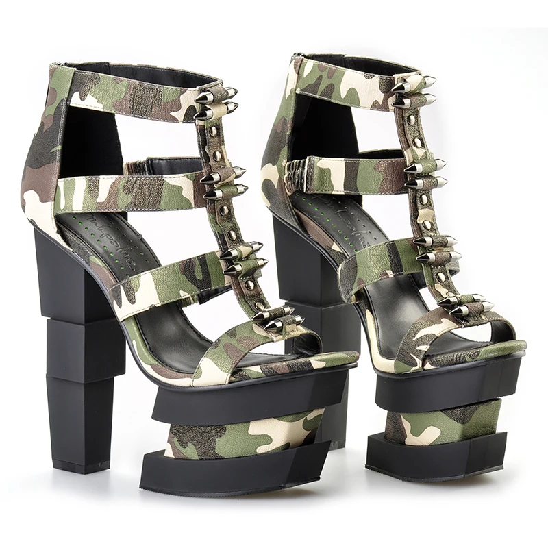 Sinsaut Summer Women Shoes High Heels Wedge Sandals Fuchsia Camouflage Bullet Decoration Sexy Punk Party Sandals