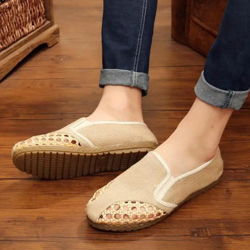 

Espadrilles Men Summer Hemp Loafer Breathable Mesh Shoes Spring Slip On Flats Comfortable Old Beijing Cloth Shoes Casual Loafers