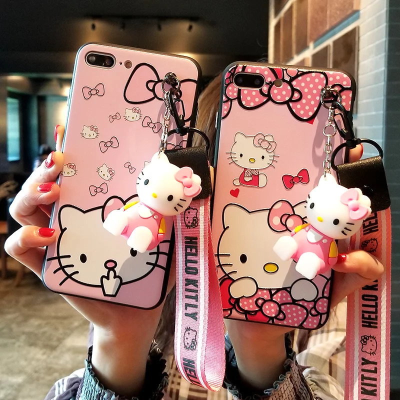 Beste Voor iPhone 8 plus hello kitty case, cartoon cover voor iPhone X 8 6 6 s plus vrouwen case voor iPhone 7 plus + 3D houder + strap