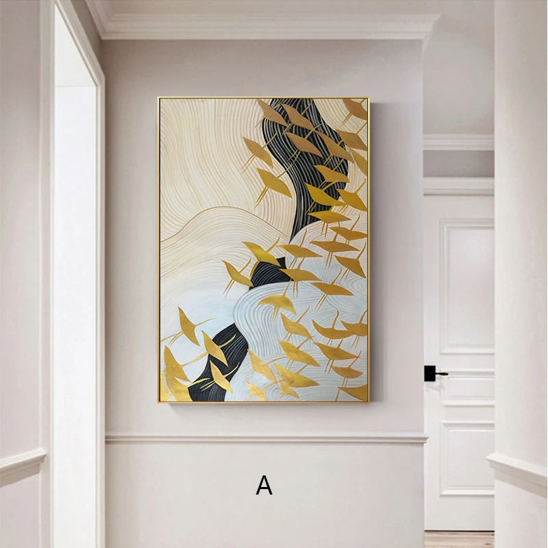 

Gold art Abstract canvas paintings wall art pictures for living room home hallway wall decor gold birds acrylic quadros caudros