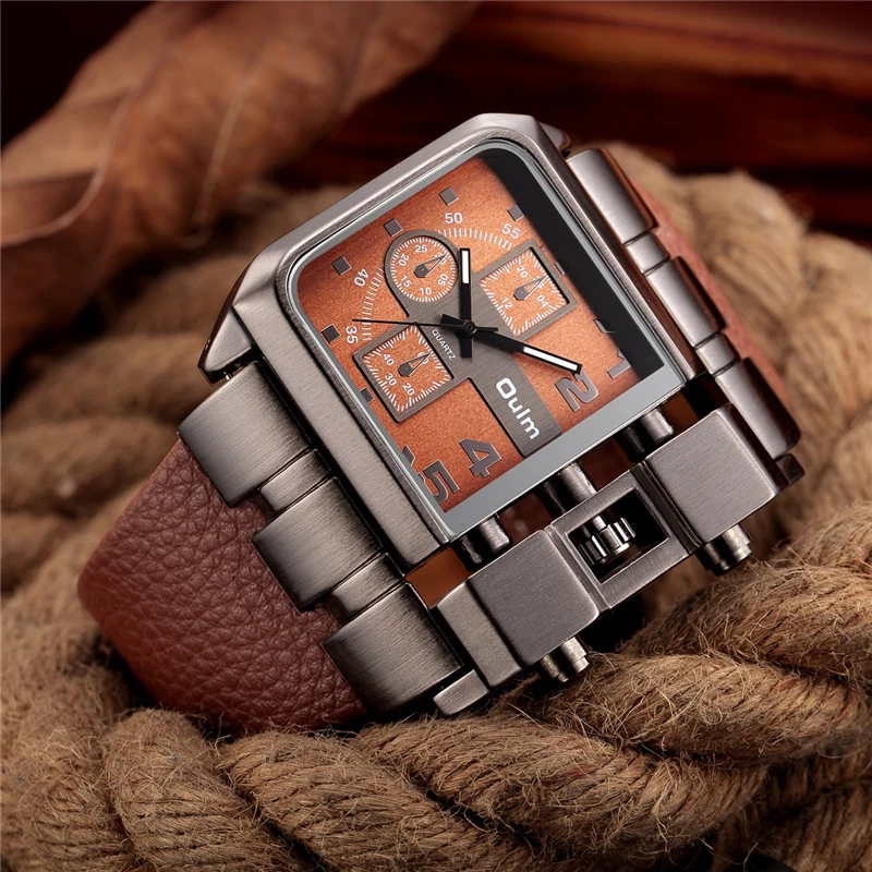 Oulm 3364 Men's Wrist Watches Luxury Brand Quartz Watch Men Square Dial Casual Leather Strap Male Military Antique Clock