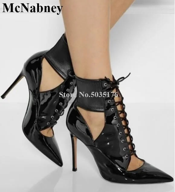 

McNabney Summer Women Short Boots Cross-tied Hollow Ankle Strap Pointed Toe Lace-Up Stiletto Heel Sexy New Fashion Women Shoes