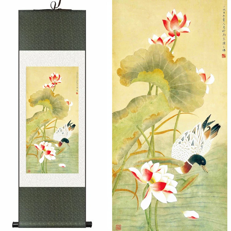 

Chinese Silk watercolor flower and bird lotus duck ink art print feng shui canvas wall picture damask framed scroll painting