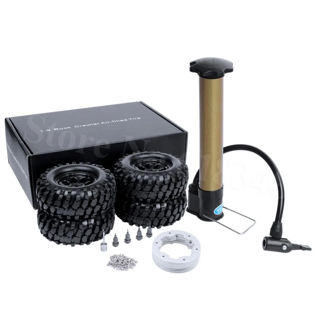 

4PCS 1.9" Air Inflated Beadlock Wheel Rims & Tires OD 108mm with Inflator Pump for 1/10 Scale RC Rock Crawler Truck Tyre