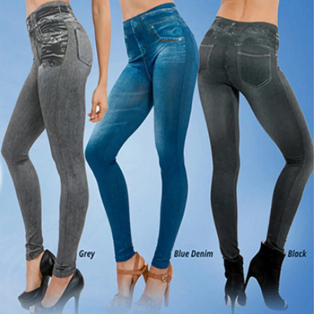 

Plus Size Denim Pants High Waist Jeans Leggings For Women Pocket Cashmere Imitation Cowboy Slim Leggings Fitness S-XXL