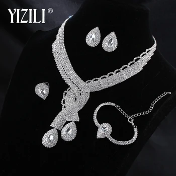 

YIZILI Luxury jewelry set Elegant Shape Bridal CZ necklace earrings bracelet ring 4pcs Big Wedding Jewelry Sets For Bride T005
